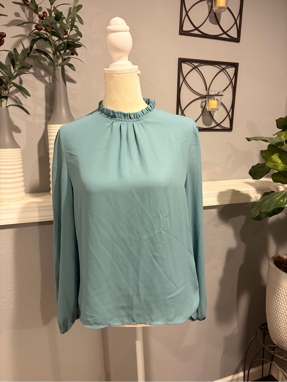 Light Blue Green Long-Sleeve Ruffle Neck Blouse